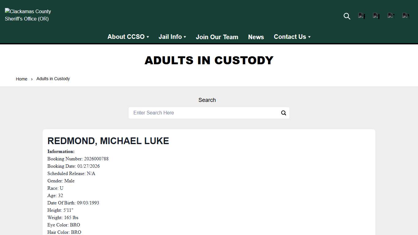 Adults in Custody Clackamas County Sheriff’s Office (OR)
